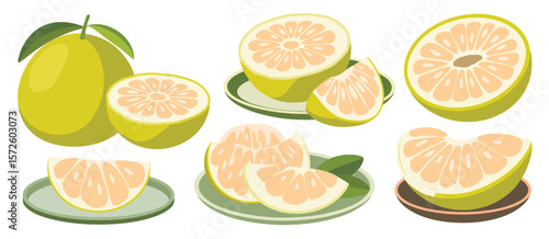  Collection of fresh pomelo fruit halves and slices on plates
