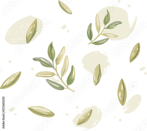 Elegant Green Leaves and Seeds Scattered on White Background Botanical Illustration