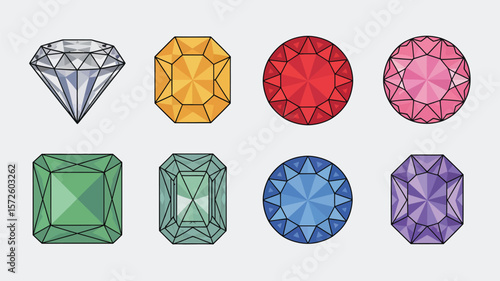  Collection of colorful faceted gemstones arranged in two rows