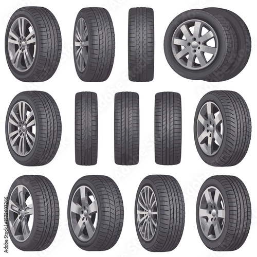  Various Car Tire and Wheel Configurations Isolated on White
