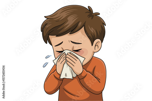  Young boy with brown hair blowing his nose with a tissue