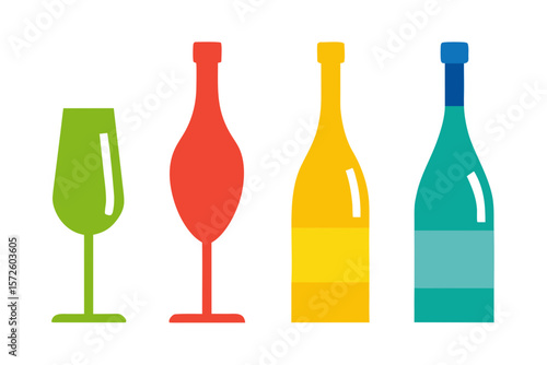 set of Champagne Bottle and Glass silhouette vector illustration