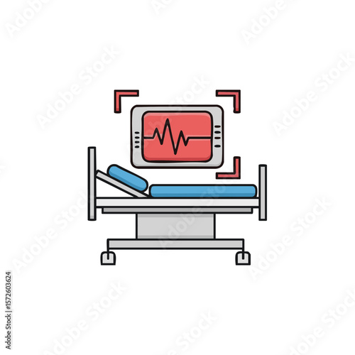 Side View Hospital Bed with Heartbeat Wave Monitor, Flat Vector