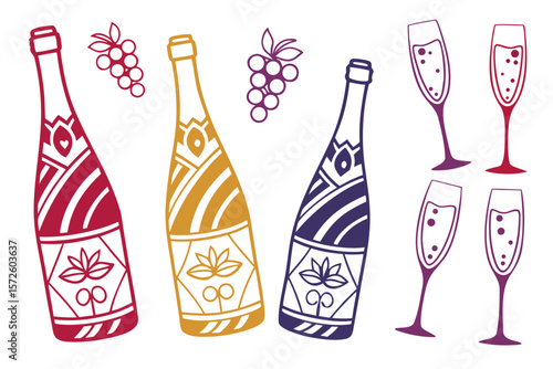 set of Champagne Bottle and Glass silhouette vector illustration