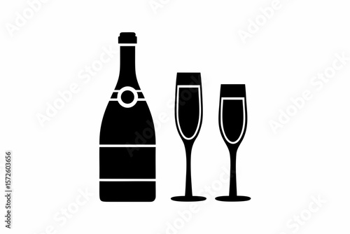 Champagne Bottle and Glass silhouette vector illustration