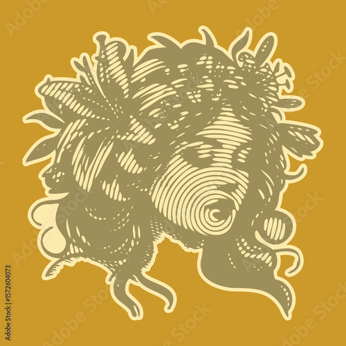  Vibrant color postal stamp style vector of a woman with lily flowers in her hair, floral beauty portrait, lined artistic design, elegant female face illustration, spring theme