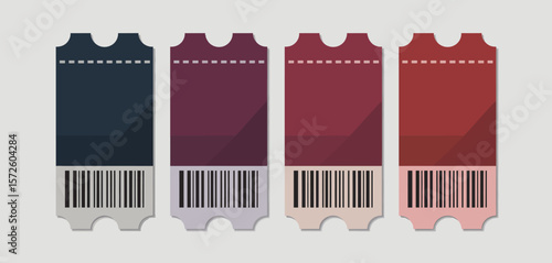 Four colorful tickets with barcodes and perforated edges on a light gray background