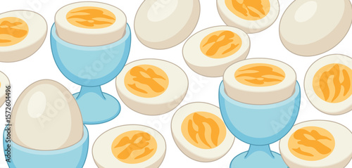 Seamless pattern of whole and halved hard boiled eggs in blue egg cups
