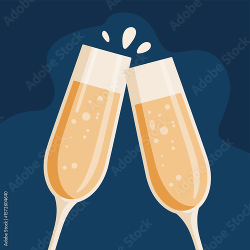 Two champagne glasses clinking together with bubbles and splashes on a dark blue background