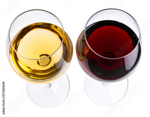  “Top-Down View of Red and White Wine Glasses with Subtle Highlights, PNG”