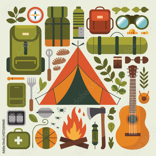 Collection of camping and outdoor adventure gear arranged in a flat design style