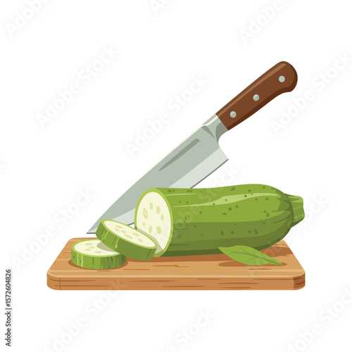 A chef s knife slicing a fresh green zucchini on a wooden cutting board