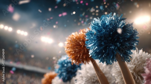 Fans hold colorful pom poms at a sports event with confetti falling cheer leader