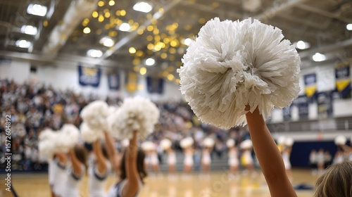 Close up of a cheerleader's white pom pom held up in a gymnasium with blurred spectators in the background