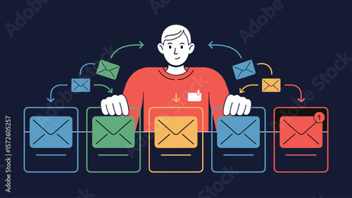 marketer sorting emails into segmented channels, vector illustration for email personalization, marketing automation and targeted communication