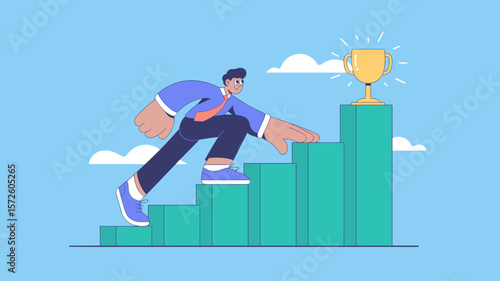 businessman climbing graph stairs to trophy, vector illustration for economic growth, career progression and achieving financial success