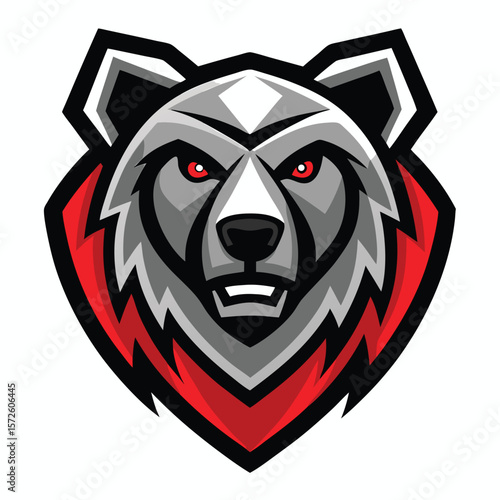 Intense grey bear with glowing red eyes is facing forward in sharp detail
