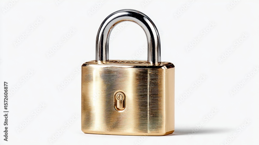 Elegant Gold Padlock with Silver Shackle on White Background, Security Concept Elegant Gold Padlock with Silver Shackle on White Background, Security Concept