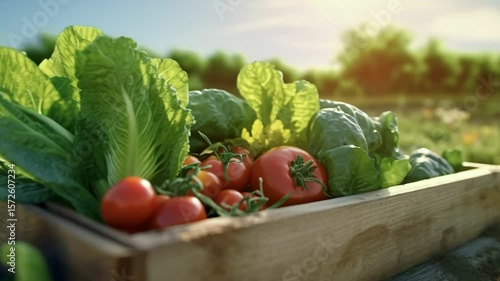 Fresh vegetables in wood box at organic  farm