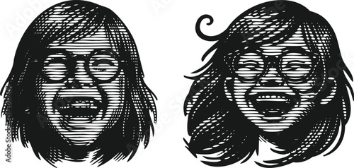  Monochrome lined effect black vector bundle of laughing child’s face with glasses and long hair, detailed portrait sketch, expressive joyful kid illustration, hand-drawn line art design
