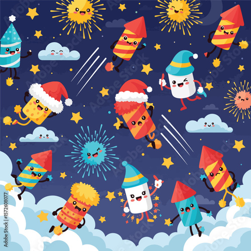 Adobe illustrator artwork vector illustration of festive cartoon firecrackers launching and exploding in a night sky filled with stars and clouds. Celebratory and vibrant design.