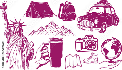 Collection of travel and adventure icons including statue of liberty tent backpack vintage car mountains camera map boot globe and hand holding a mug