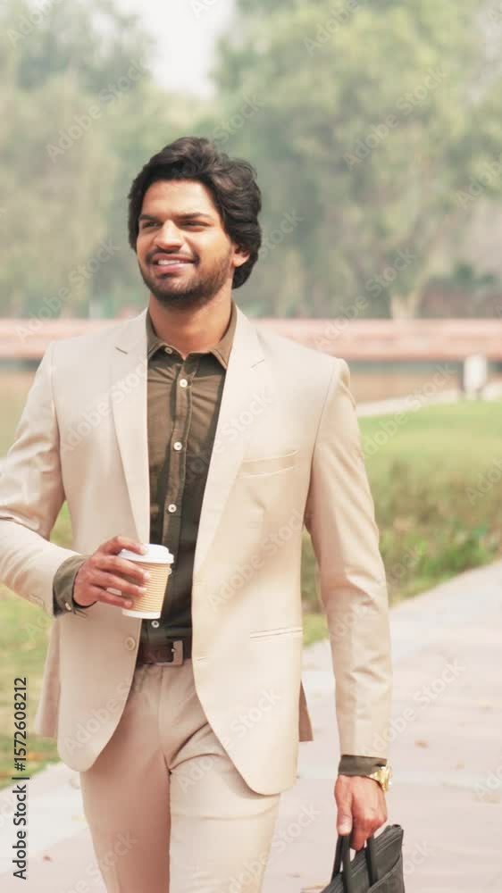 Vertical Video of Inspired Indian Businessman Walking with Coffee Vertical Video of Inspired Indian Businessman Walking with Coffee