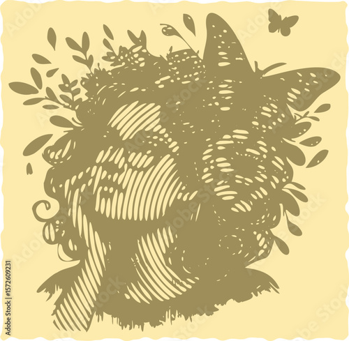  Vibrant color postal stamp lined vector of green color woman with glasses floral hair butterfly looking into the distance artistic detailed unique design nature beauty fashion portrait illustration