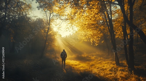 Man Walking in Sunlit Autumn Forest
