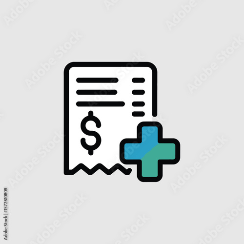 Medical Bill Icon Minimalist Design Turquoise Teal Green Plus Sign Dollar Symbol Receipt Invoice Healthcare Cost Payment Finance Flat Vector Illustration