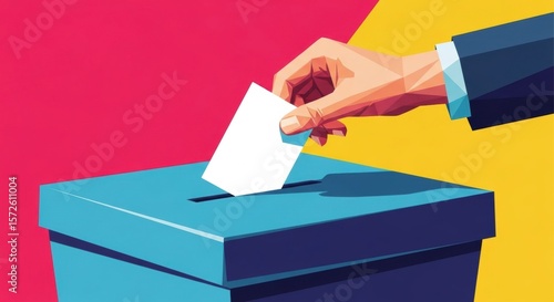 Vibrant Illustration of a Hand Inserting a Ballot into a Stylized Voting Box