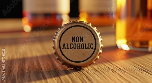 Close-Up of Non-Alcoholic Bottle Cap Displayed on Rustic Wooden Table