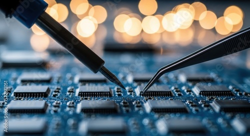 Intricate Electronics Analysis on Circuit Board with Microchips and Tools in Focused Shot