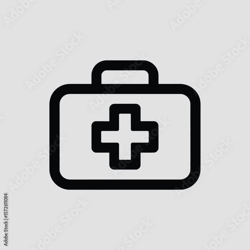 Minimalist Black Line Art Icon of a First Aid Kit a Rectangular Case with a Central Bold Cross Symbol on Light Gray Background