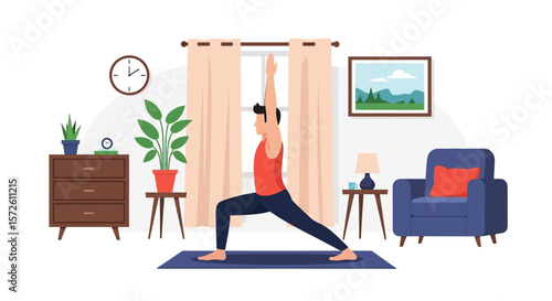 Adobe illustrator artwork vector illustration of a man peacefully meditating in a park, practicing yoga in the lotus position under a bright sky. Promotes mindfulness and outdoor wellness.