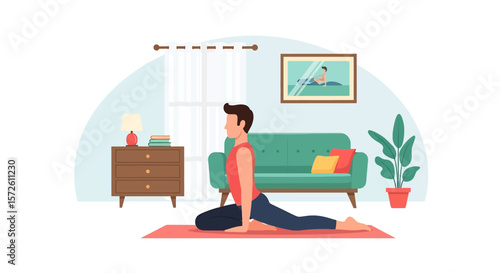 Adobe illustrator artwork vector illustration of a man peacefully meditating in a park, practicing yoga in the lotus position under a bright sky. Promotes mindfulness and outdoor wellness.