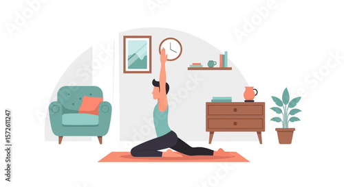 Adobe illustrator artwork vector illustration of a man peacefully meditating in a park, practicing yoga in the lotus position under a bright sky. Promotes mindfulness and outdoor wellness.