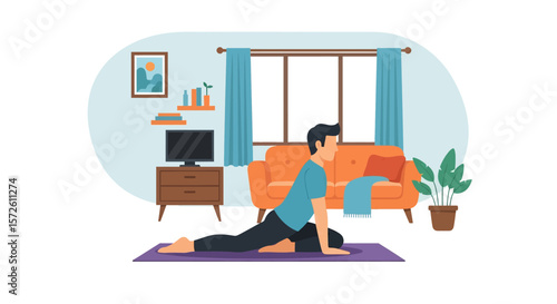 Adobe illustrator artwork vector illustration of a man peacefully meditating in a park, practicing yoga in the lotus position under a bright sky. Promotes mindfulness and outdoor wellness.