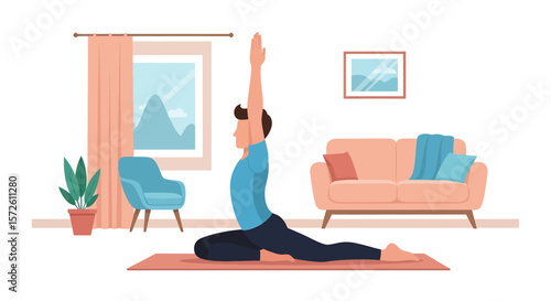 Adobe illustrator artwork vector illustration of a man peacefully meditating in a park, practicing yoga in the lotus position under a bright sky. Promotes mindfulness and outdoor wellness.