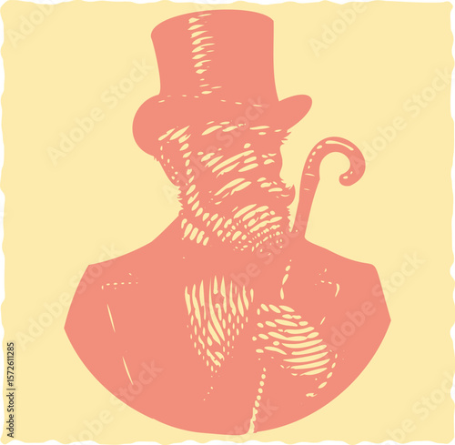  Vibrant Pink Color Postal Stamp Style Vector of an Old Gentleman with Top Hat – Vintage Lined Art Illustration, Retro Character Portrait, Decorative Engraved Graphic for Collectible Design