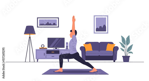 Adobe illustrator artwork vector illustration of a man peacefully meditating in a park, practicing yoga in the lotus position under a bright sky. Promotes mindfulness and outdoor wellness.