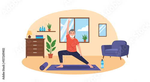 Adobe illustrator artwork vector illustration of a senior man practicing yoga at home in a lunge pose, promoting an active and healthy lifestyle for older adults