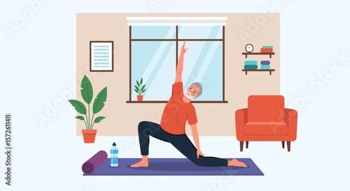 Adobe illustrator artwork vector illustration of a senior man practicing yoga at home in a lunge pose, promoting an active and healthy lifestyle for older adults