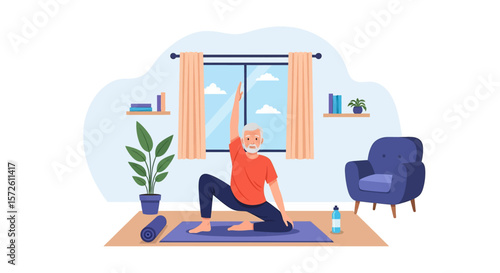 Adobe illustrator artwork vector illustration of a senior man practicing yoga at home in a lunge pose, promoting an active and healthy lifestyle for older adults
