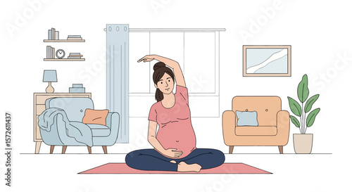 Adobe illustrator artwork vector illustration of a pregnant woman gently stretching and exercising in her living room. Ideal for maternal health, wellness, and comfortable home activities.