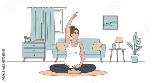 Adobe illustrator artwork vector illustration of a pregnant woman gently stretching and exercising in her living room. Ideal for maternal health, wellness, and comfortable home activities.