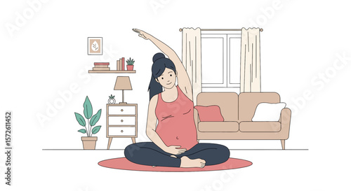 Adobe illustrator artwork vector illustration of a pregnant woman gently stretching and exercising in her living room. Ideal for maternal health, wellness, and comfortable home activities.