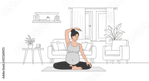 Adobe illustrator artwork vector illustration of a pregnant woman gently stretching and exercising in her living room. Ideal for maternal health, wellness, and comfortable home activities.