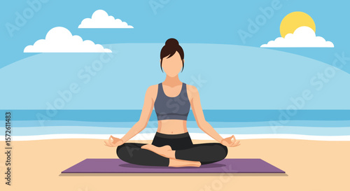 Adobe illustrator artwork vector illustration of a woman meditating in lotus pose on a yoga mat at a serene summer beach with ocean waves and a bright sun. Ideal for coastal wellness themes.