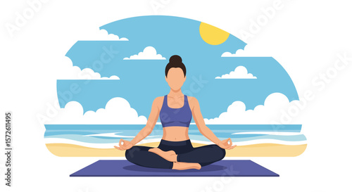 Adobe illustrator artwork vector illustration of a woman meditating in lotus pose on a yoga mat at a serene summer beach with ocean waves and a bright sun. Ideal for coastal wellness themes.